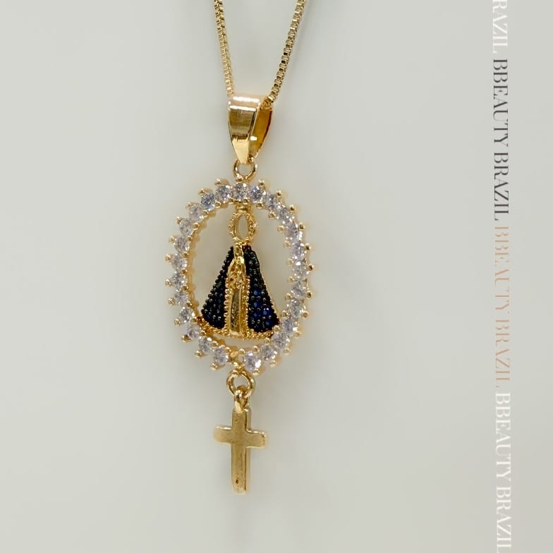 Colar medalha cravejada nossa senhora azul com presentinho em ouro
