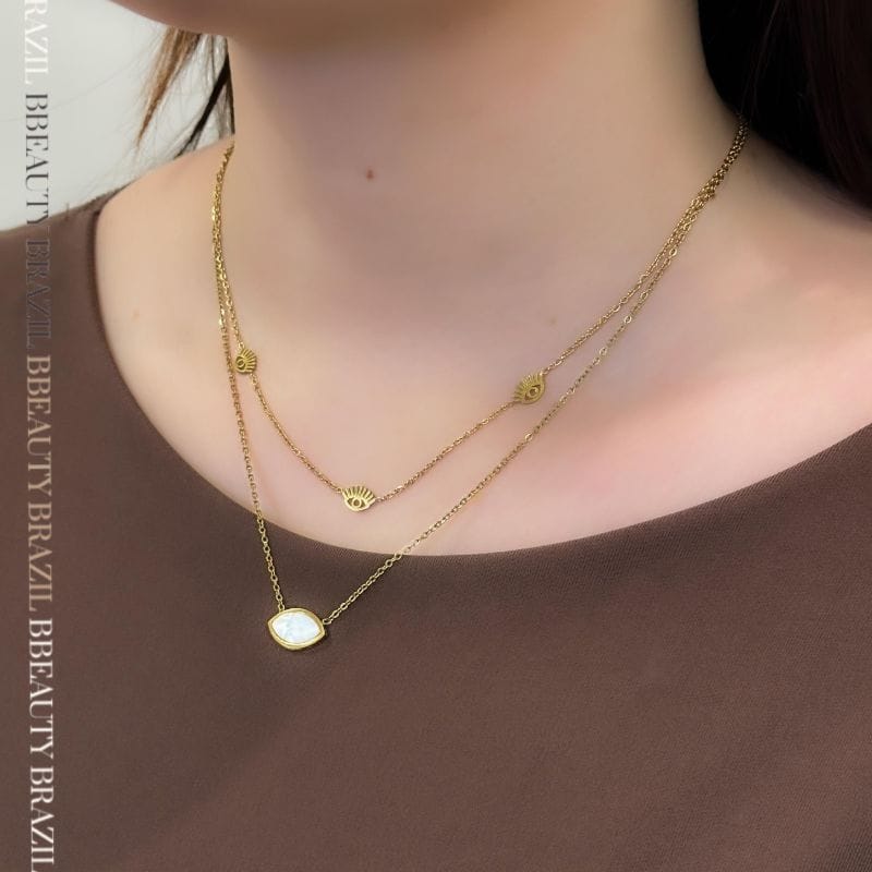 Colar duplo com olhos gregos e Madre pérola